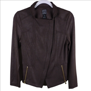 Clara Sun Woo Liquid Leather Signature Brown Notch Collar Asymmetrical Jacket